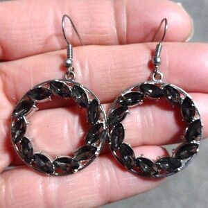 BLACK HOOP SILVER-TONE RHINESTONE DROP HOOK 1.8" EARRINGS